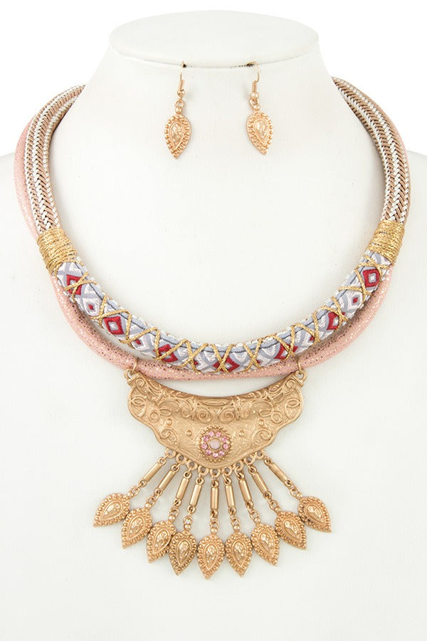 Multi cord fringe ornate bib necklace set