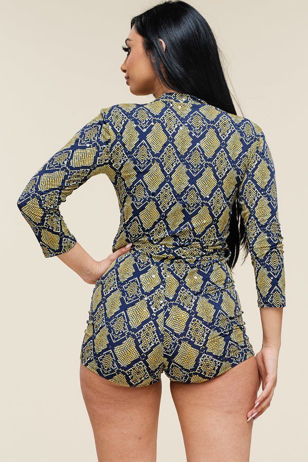 Multi Color Snake Print 3/4 Sleeve Romper