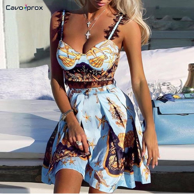 Women Two Piece Sets Lace Insert Print Cami Top & Pleated Above Knee Mini Skirt