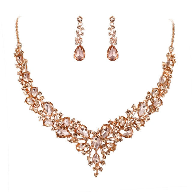 Tuliper Cluster Flower Bridal Jewelry Set Austrian Crystal Wedding Necklace Earrings Set