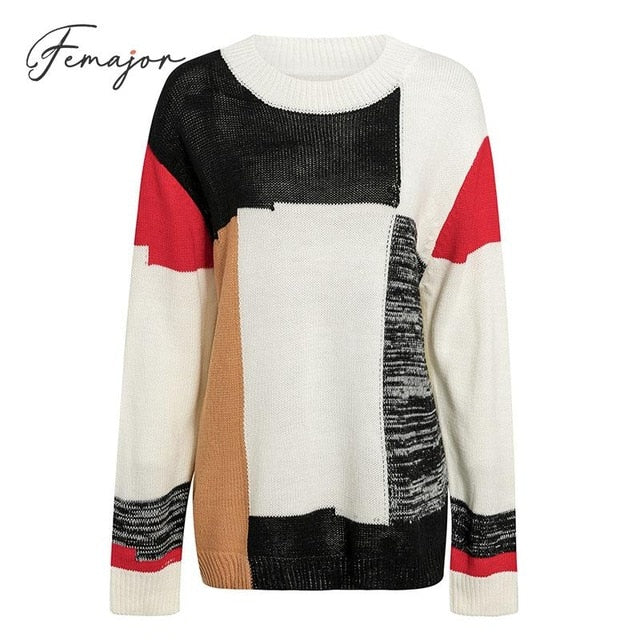 Conmoto Women Autumn Winter Sweater Fashion Multicolor Block O Neck Pullover