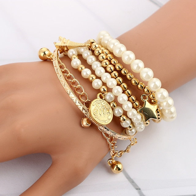 Tocona Bracelets Fashion Gold Color Beads Pearl Star Multi-layer Beaded Sets