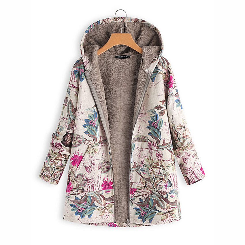 Hoodies Print Parka Winter Coats Women Thicken Velvety Plus Size Liner Tops