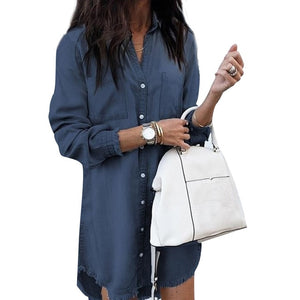 Women Long Sleeve Jean Blouse Denim Shirt / Dress Female Plus Size Turndown Shirts