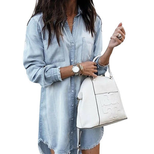 Women Long Sleeve Jean Blouse Denim Shirt / Dress Female Plus Size Turndown Shirts