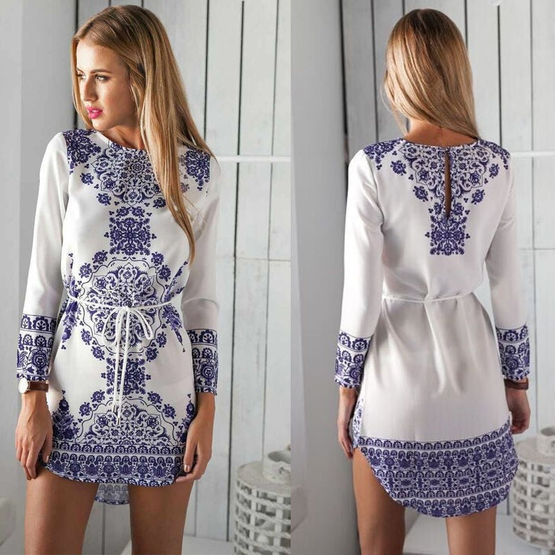 Women's Printed One-Piece Dress 2019 New Blue and White Porcelain Long-Sleeved from Europe and America