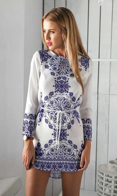 Women's Printed One-Piece Dress 2019 New Blue and White Porcelain Long-Sleeved from Europe and America