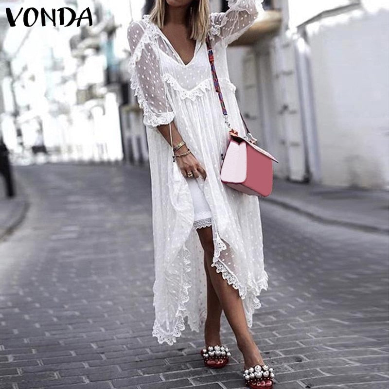 VONDA Summer Sexy White Lace Dress 2019 Women V-Neck Dot Hollow Asymmetrical Hem S-5XL