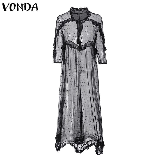 VONDA Summer Sexy White Lace Dress 2019 Women V-Neck Dot Hollow Asymmetrical Hem S-5XL