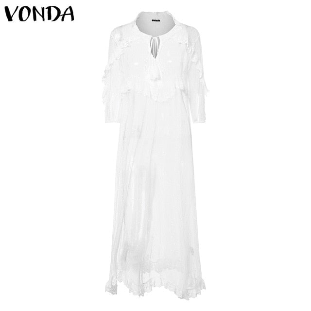 VONDA Summer Sexy White Lace Dress 2019 Women V-Neck Dot Hollow Asymmetrical Hem S-5XL