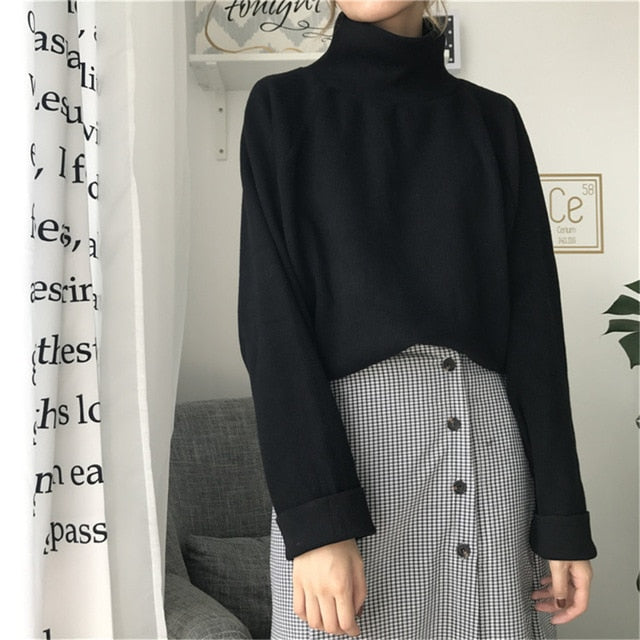 Casual Loose Sweater Women Turtleneck Knitted Tops Autumn Batwing Sleeve Pullovers