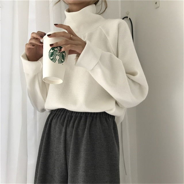 Casual Loose Sweater Women Turtleneck Knitted Tops Autumn Batwing Sleeve Pullovers