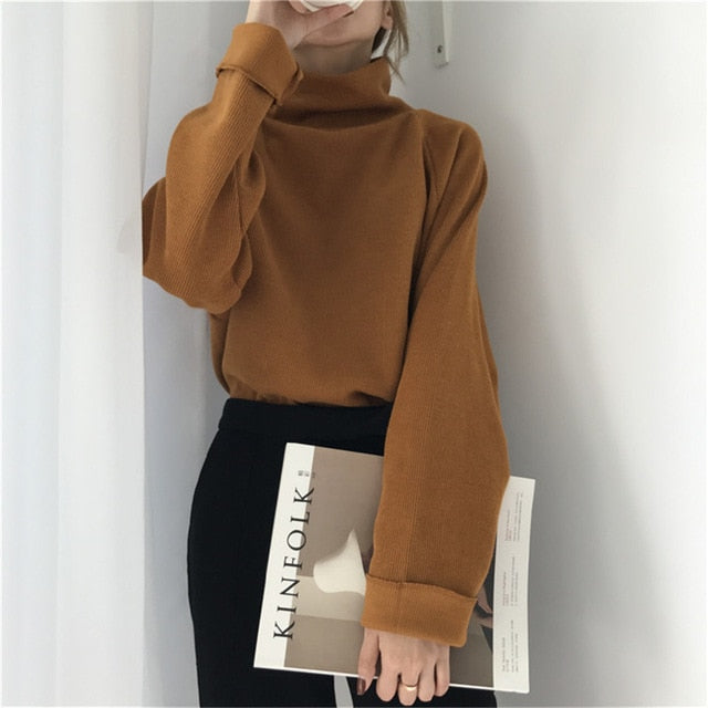 Casual Loose Sweater Women Turtleneck Knitted Tops Autumn Batwing Sleeve Pullovers