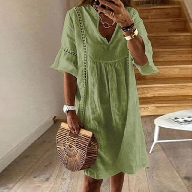 VIEUNSTA Women Sexy Hollow Out V-neck Mini Dress Summer Floral Print Patchwork Party Dress Female Half Sleeve Casual Beach Dress