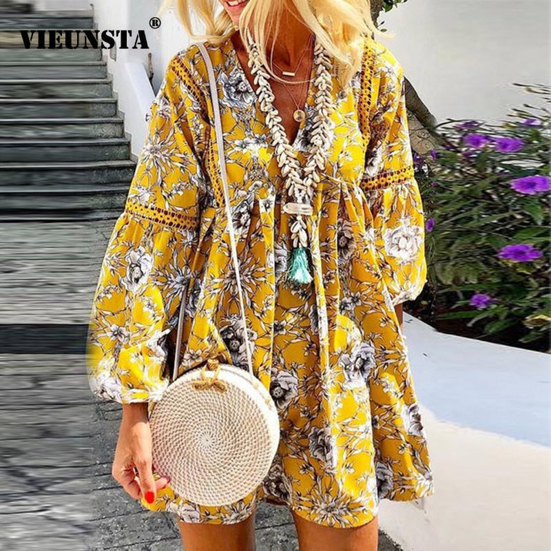 VIEUNSTA Women Retro Floral Print Beach Elegant Summer Dress