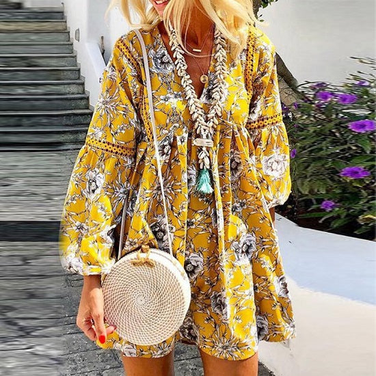 VIEUNSTA Women Retro Floral Print Beach Elegant Summer Dress