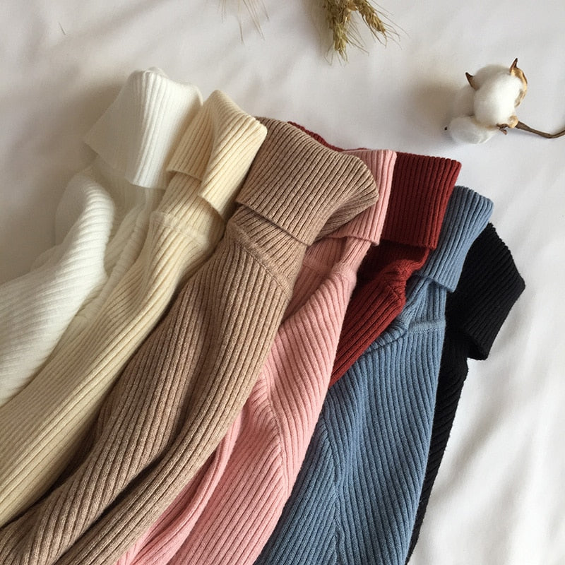 2019 Autumn Winter Thick Sweater Women Knitted Ribbed Pullover Long Sleeve Turtleneck