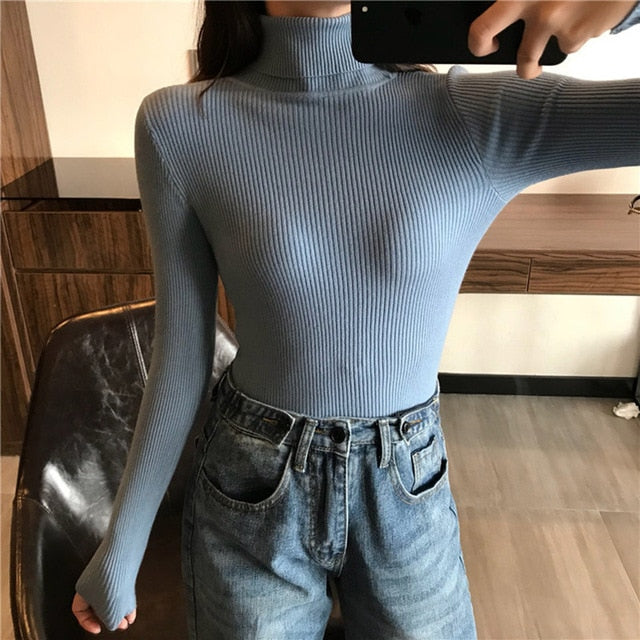 2019 Autumn Winter Thick Sweater Women Knitted Ribbed Pullover Long Sleeve Turtleneck