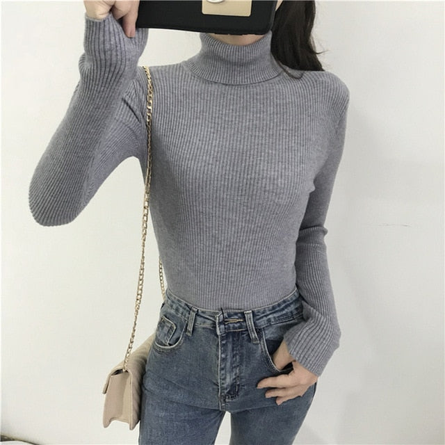 2019 Autumn Winter Thick Sweater Women Knitted Ribbed Pullover Long Sleeve Turtleneck