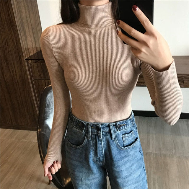 2019 Autumn Winter Thick Sweater Women Knitted Ribbed Pullover Long Sleeve Turtleneck