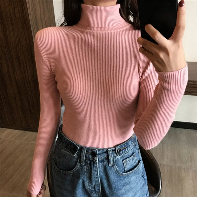 2019 Autumn Winter Thick Sweater Women Knitted Ribbed Pullover Long Sleeve Turtleneck