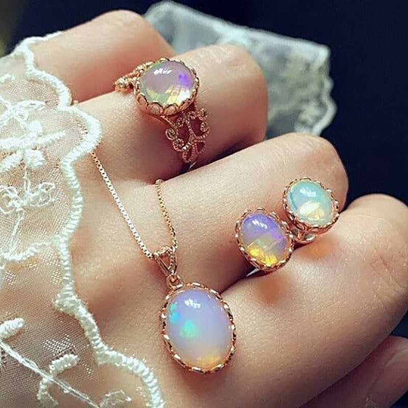 New Fashion Women Necklace Earrings Bracelet Ring Bohemia Stone Wedding Jewelry Set