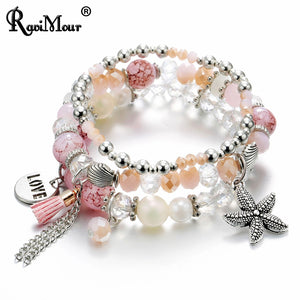 RAVIMOUR Vintage Love Star Stone Tassel Charms Bracelets & Bangle for Women Fine Jewelry