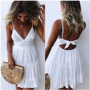 Women Spaghetti Strap Bow Sexy Women V-neck Sleeveless Beach Backless Lace Patchwork Dress