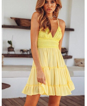 Women Spaghetti Strap Bow Sexy Women V-neck Sleeveless Beach Backless Lace Patchwork Dress