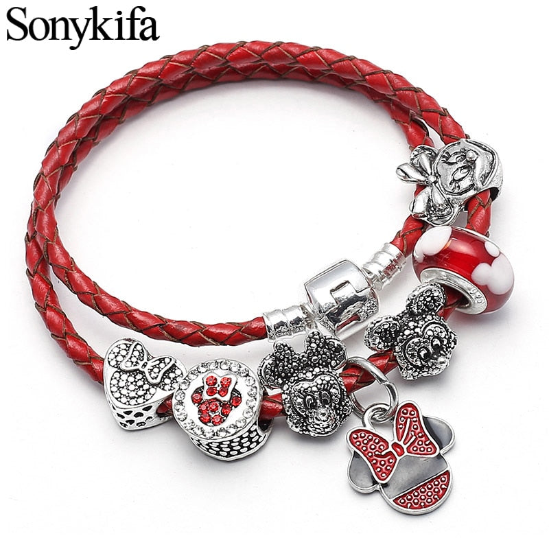 Mickey Minnie Leather Bracelet For Women Charm Bracelets Handmade Jewelry