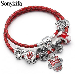 Mickey Minnie Leather Bracelet For Women Charm Bracelets Handmade Jewelry