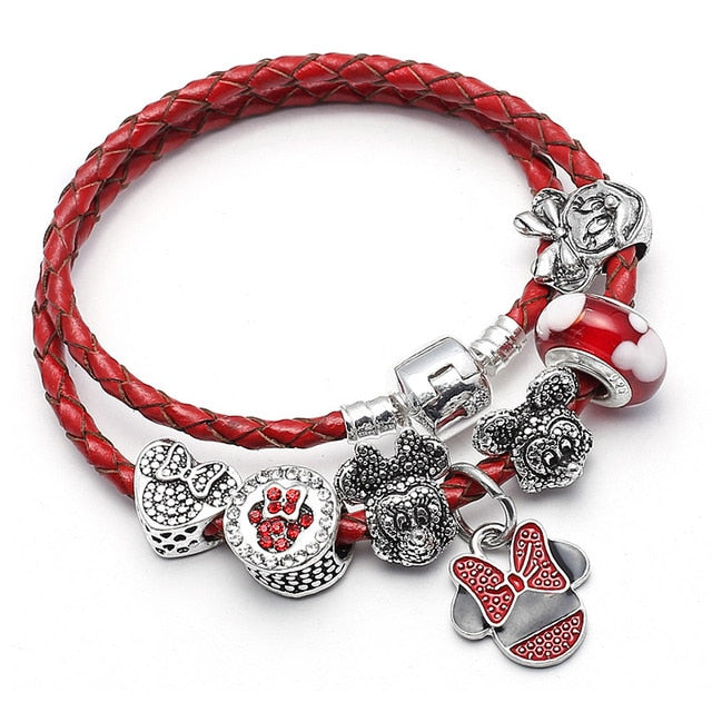 Mickey Minnie Leather Bracelet For Women Charm Bracelets Handmade Jewelry