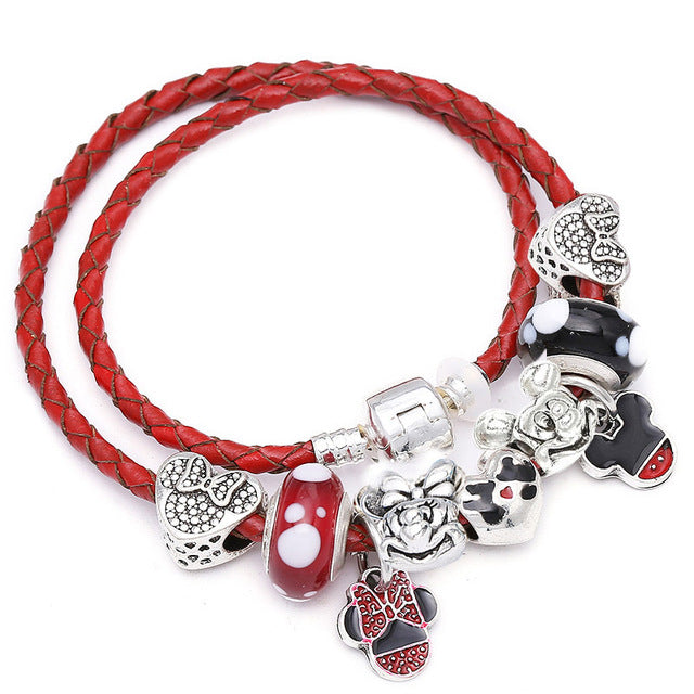 Mickey Minnie Leather Bracelet For Women Charm Bracelets Handmade Jewelry