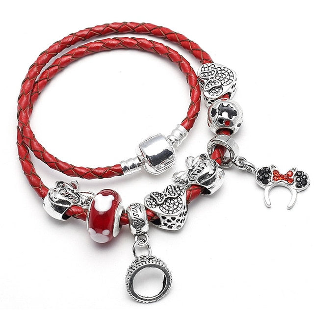 Mickey Minnie Leather Bracelet For Women Charm Bracelets Handmade Jewelry