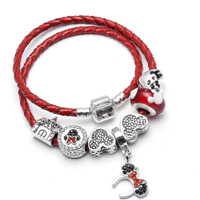 Mickey Minnie Leather Bracelet For Women Charm Bracelets Handmade Jewelry