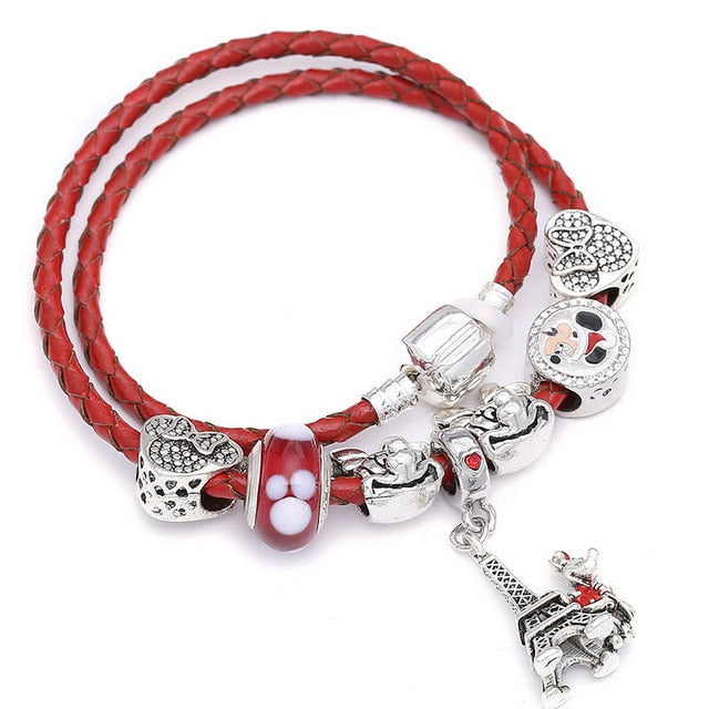 Mickey Minnie Leather Bracelet For Women Charm Bracelets Handmade Jewelry