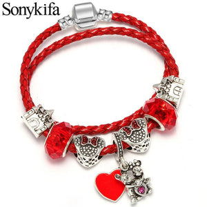 Mickey Minnie Leather Bracelet For Women Charm Bracelets Handmade Jewelry