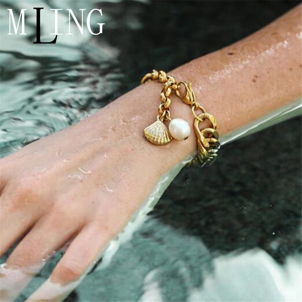 MLING Vintage Gold Alloy Charm Bracelet Bohemian Scallop Pearl Bracelet For Women