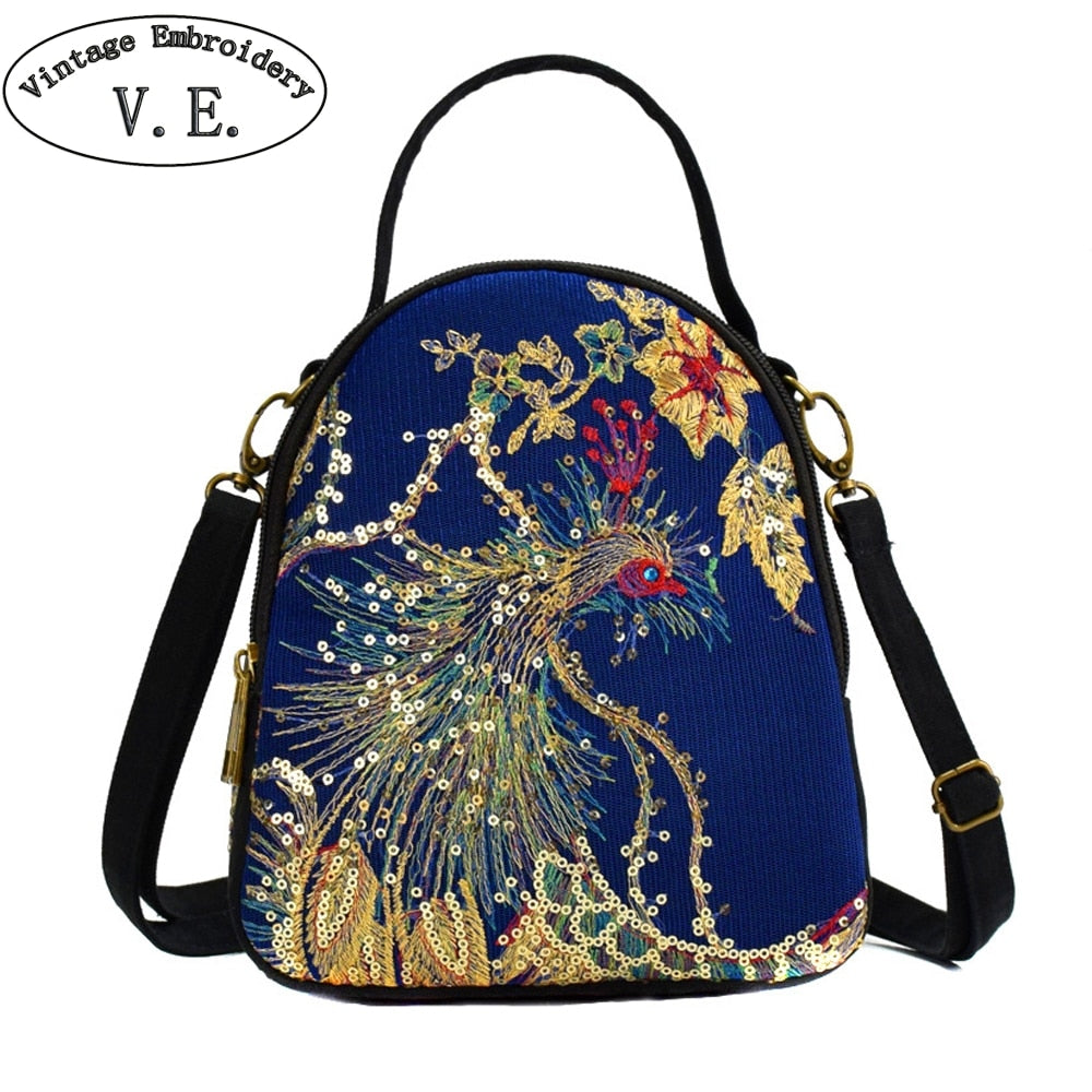 New Sequins Peacock Embroidery Bag Fashion Ethnic Small Canvas Shoulder Messenger Bags