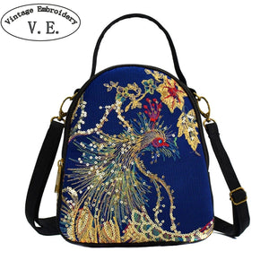 New Sequins Peacock Embroidery Bag Fashion Ethnic Small Canvas Shoulder Messenger Bags