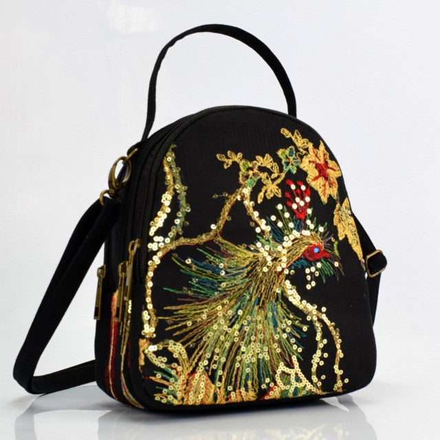 New Sequins Peacock Embroidery Bag Fashion Ethnic Small Canvas Shoulder Messenger Bags