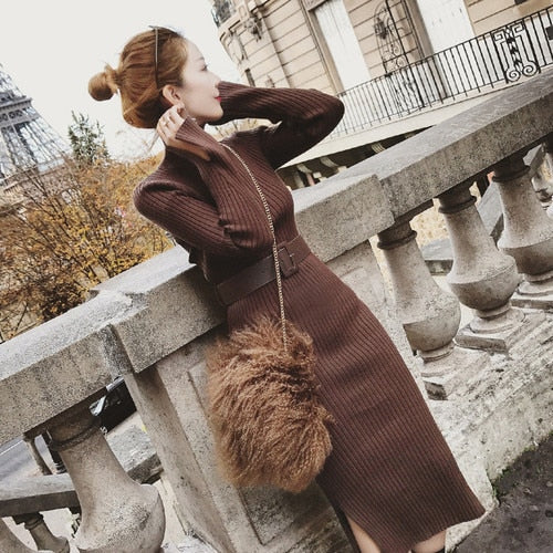 Women Bodycon Sweater Dress Winter Knitted Long Split Pleated Sweaters