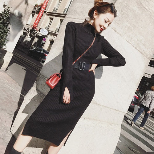 Women Bodycon Sweater Dress Winter Knitted Long Split Pleated Sweaters