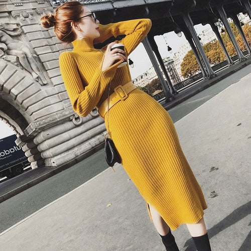 Women Bodycon Sweater Dress Winter Knitted Long Split Pleated Sweaters