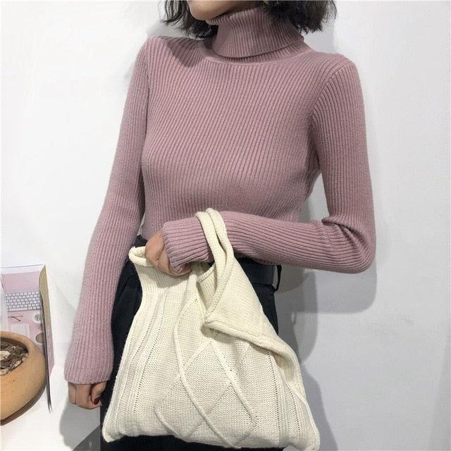 2019 Autumn Winter Thick Sweater Women Knitted Ribbed Pullover Long Sleeve Turtleneck