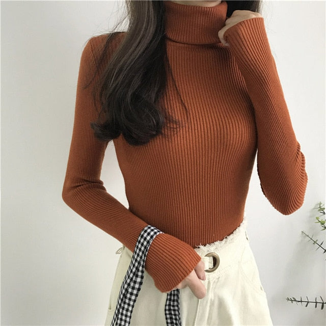 2019 Autumn Winter Thick Sweater Women Knitted Ribbed Pullover Long Sleeve Turtleneck