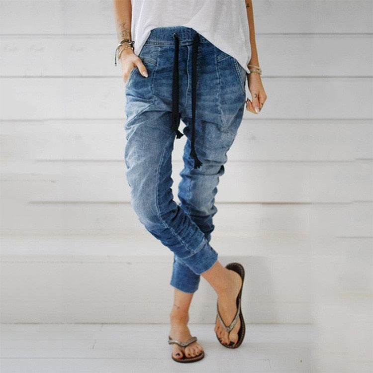 Women street-wear Pants Drawstring Jeans Pockets Casual Denim Baggy Harem Pants