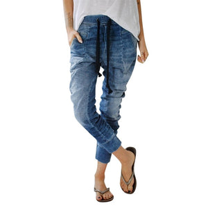 Women street-wear Pants Drawstring Jeans Pockets Casual Denim Baggy Harem Pants