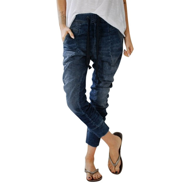 Women street-wear Pants Drawstring Jeans Pockets Casual Denim Baggy Harem Pants