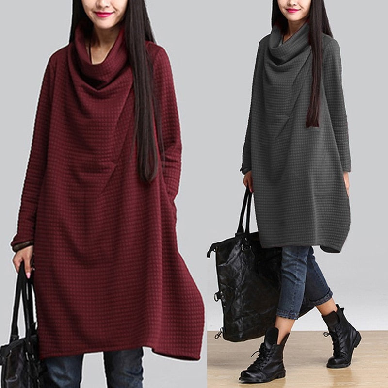 Vintage Turtleneck Hoodies Dress Women Check Sundress ZANZEA 2019